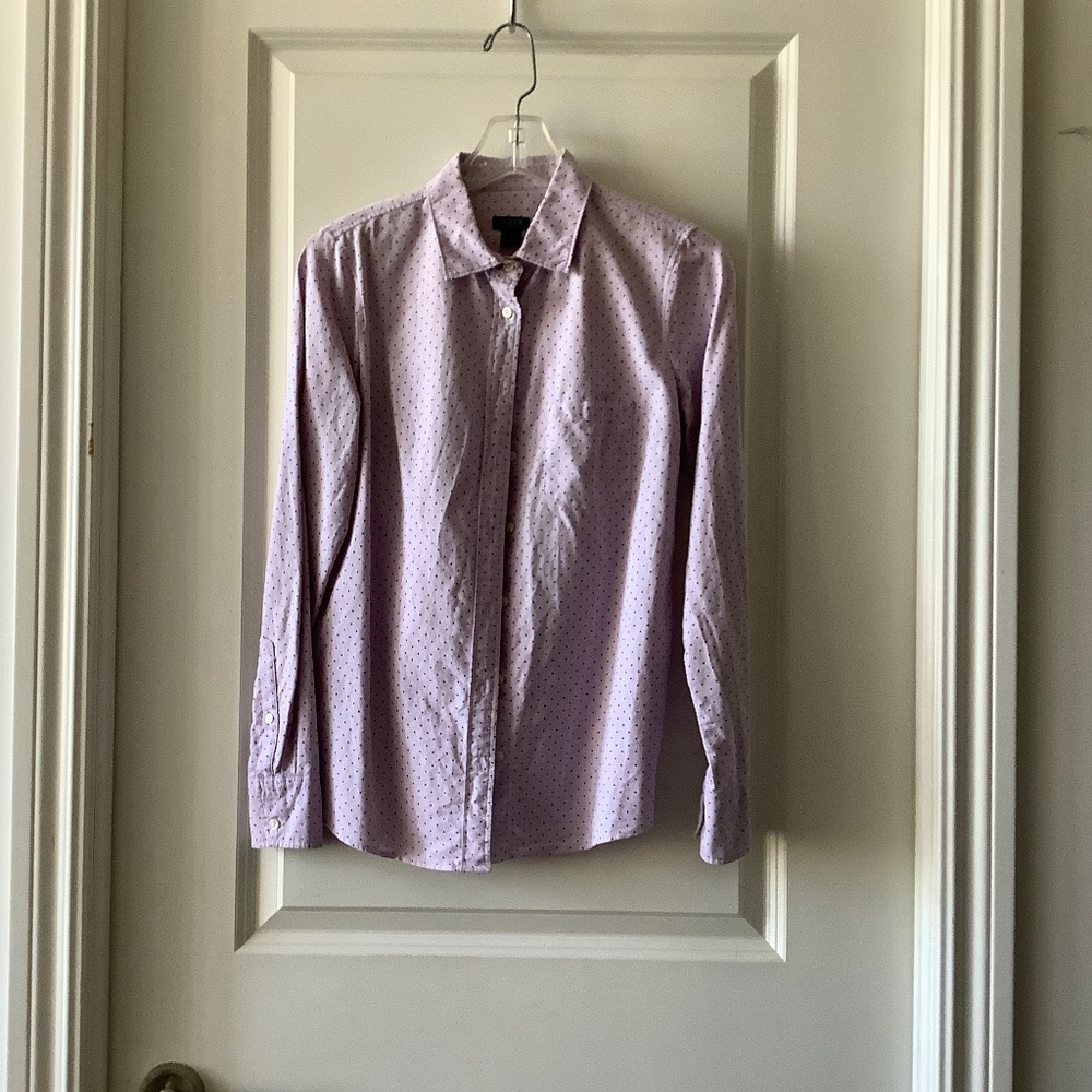 J Crew pink shirt with polka dots.